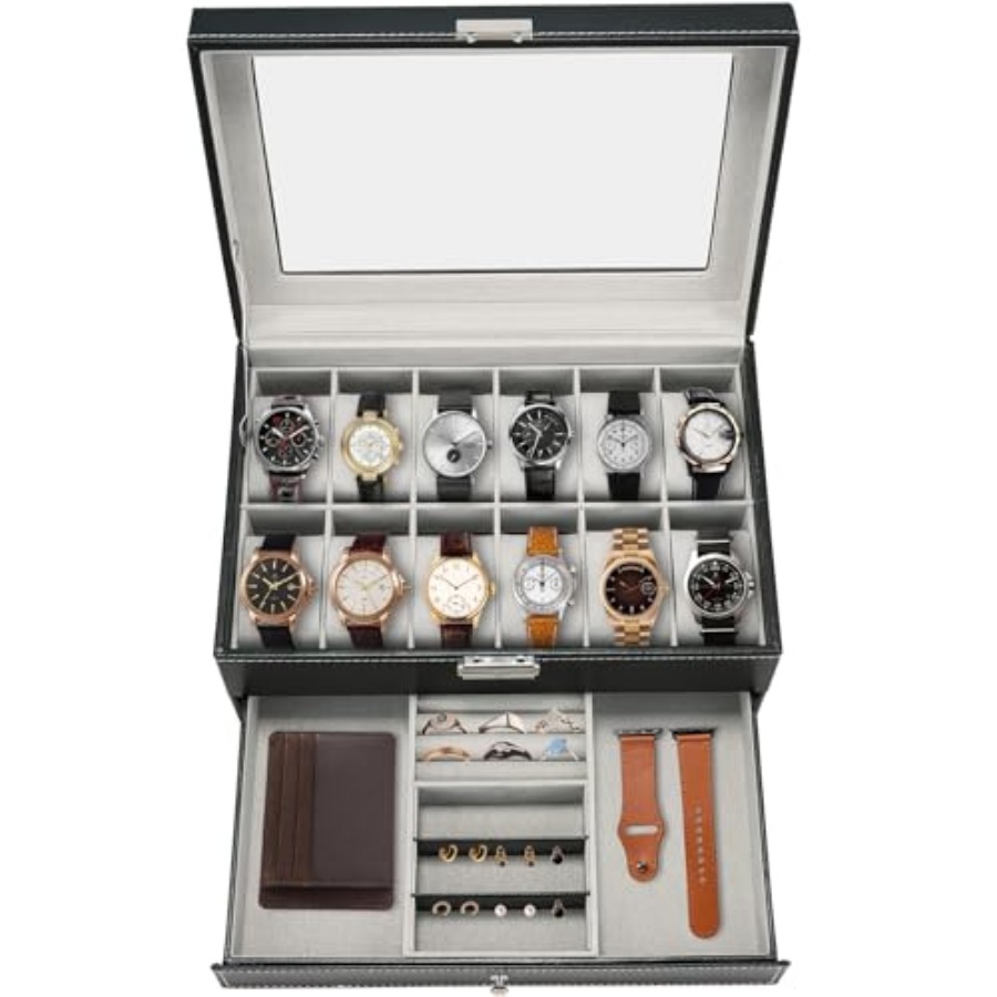 Jewelry Organizer Watches - 12 Slot PU Leather Lockable Watch